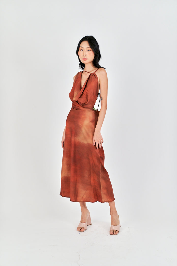 Jirah Brown Multi Color Satin Crew Neckline Sexy Back Sleeveless Midi Dress