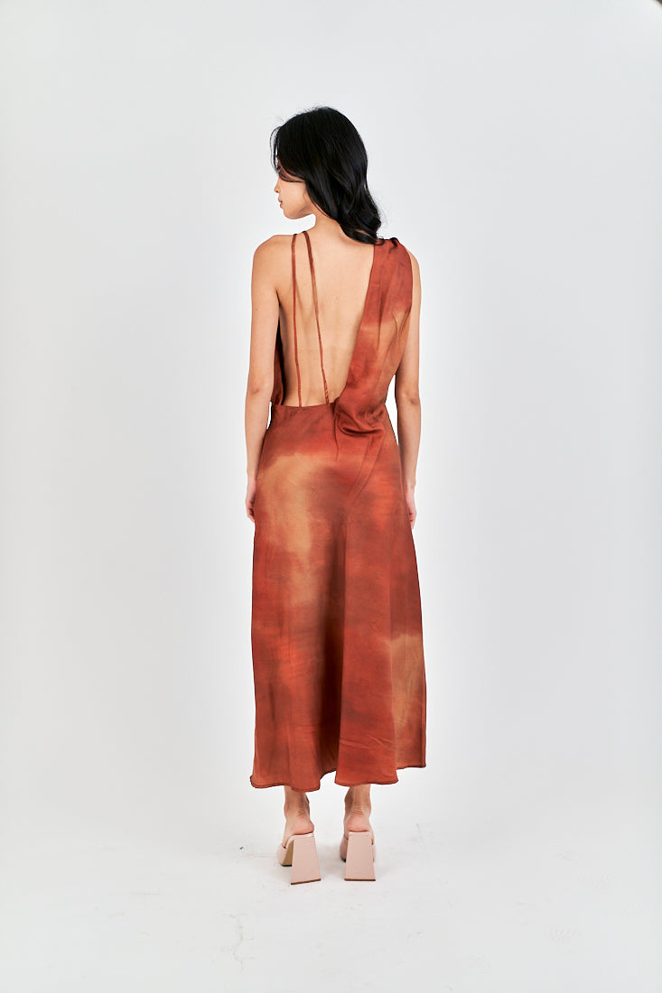 Jirah Brown Multi Color Satin Crew Neckline Sexy Back Sleeveless Midi Dress
