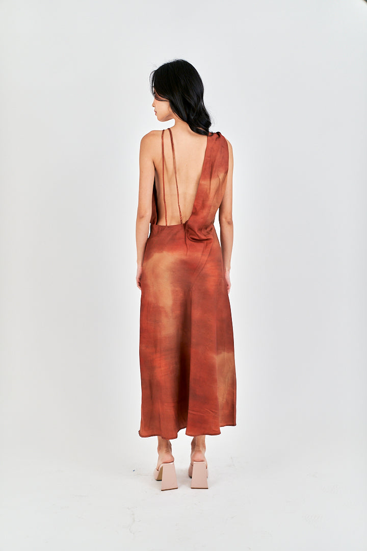 Jirah Brown Multi Color Satin Crew Neckline Sexy Back Sleeveless Midi Dress