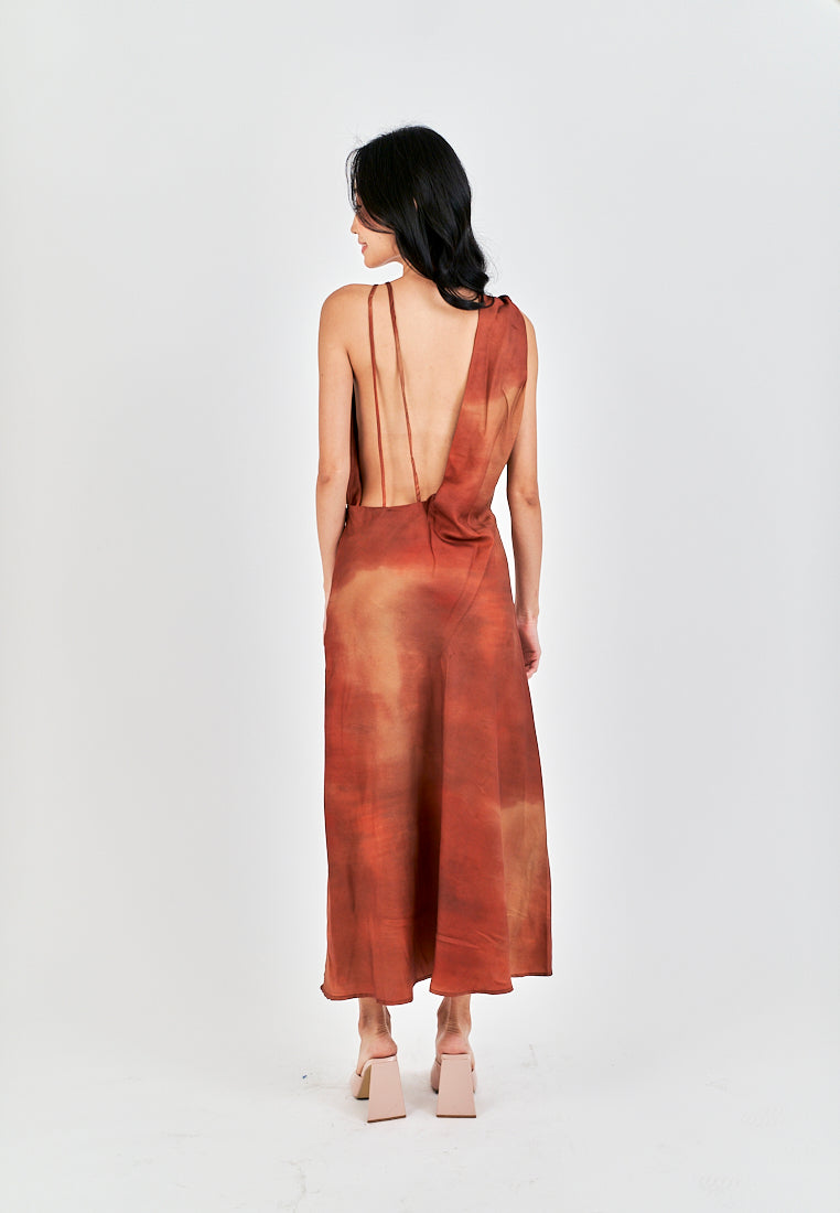 Jirah Brown Multi Color Satin Crew Neckline Sexy Back Sleeveless Midi Dress