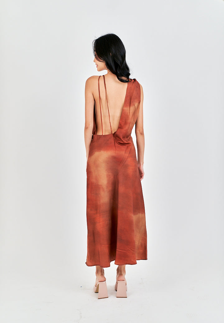 Jirah Brown Multi Color Satin Crew Neckline Sexy Back Sleeveless Midi Dress