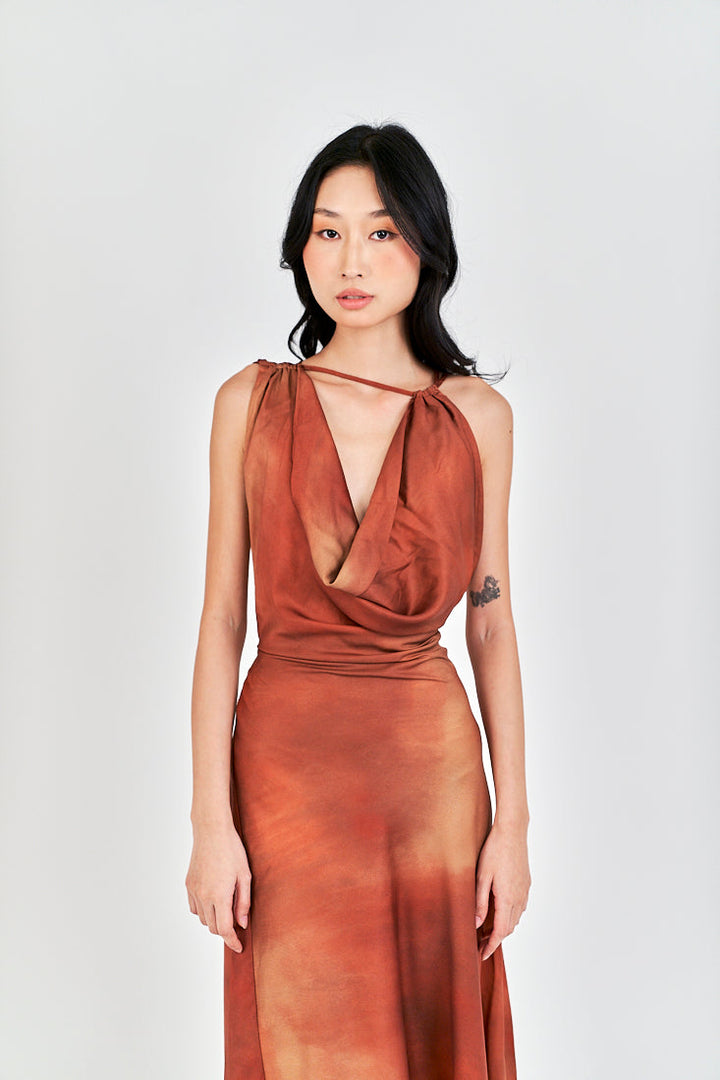 Jirah Brown Multi Color Satin Crew Neckline Sexy Back Sleeveless Midi Dress