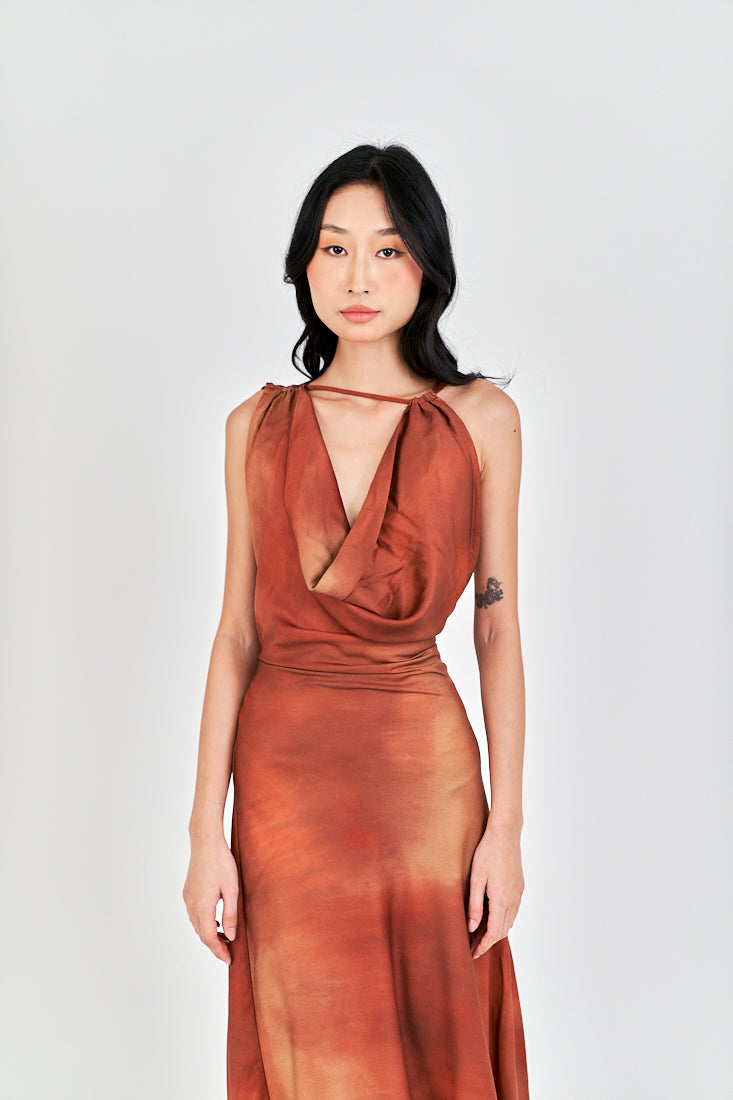 Jirah Brown Multi Color Satin Crew Neckline Sexy Back Sleeveless Midi Dress