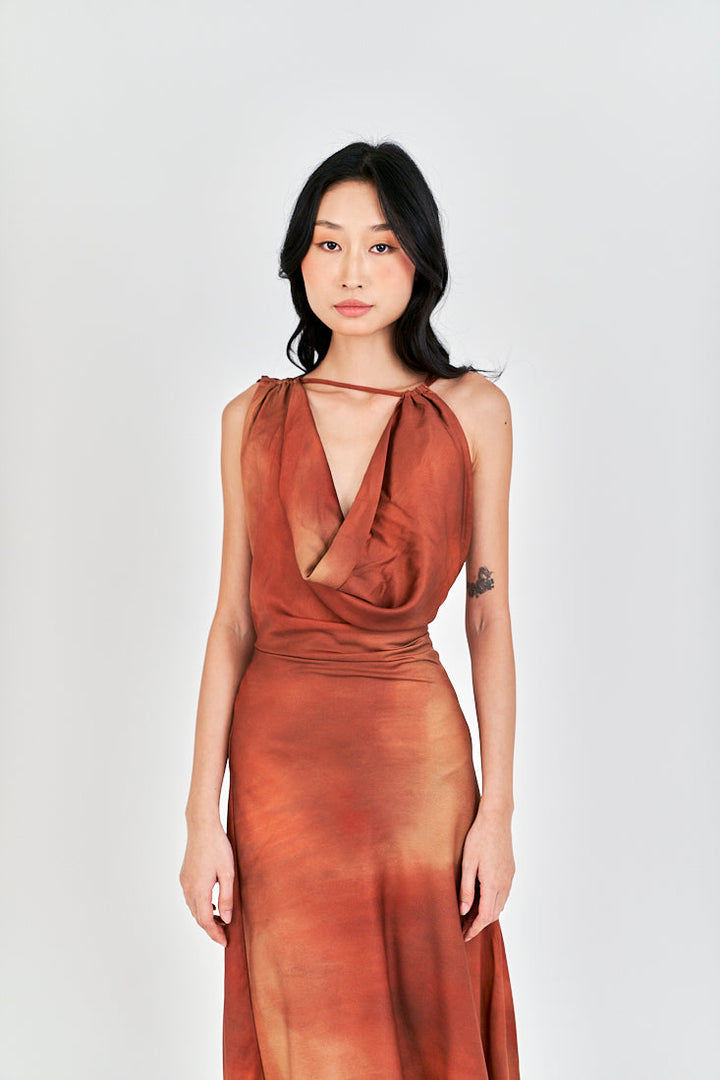 Jirah Brown Multi Color Satin Crew Neckline Sexy Back Sleeveless Midi Dress