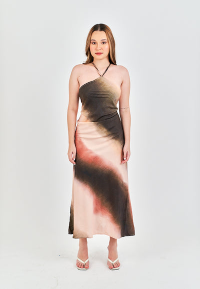 Mischka Brown Tie Dye Halter Beaded Back Strap Sleeveless Maxi Dress