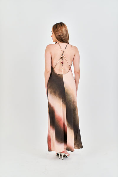 Mischka Brown Tie Dye Halter Beaded Back Strap Sleeveless Maxi Dress