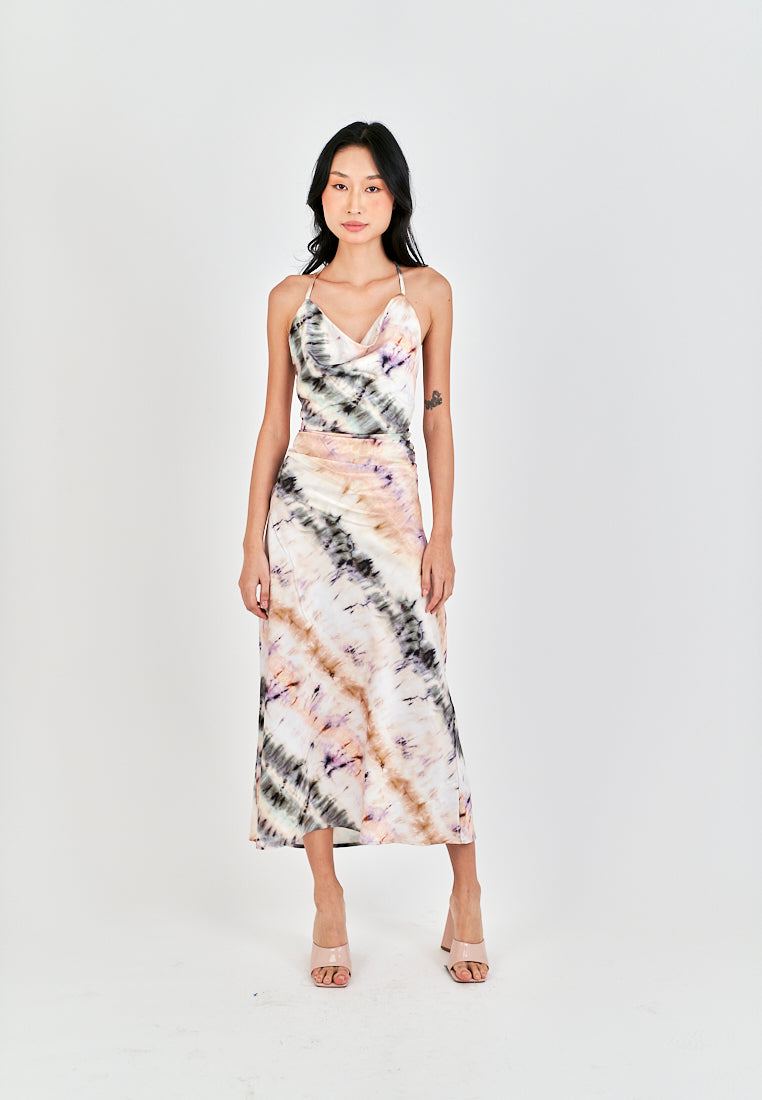 Inha Multi Color Tie Dye Hollow Out Back Halter Strap Sleeveless Midi Dress