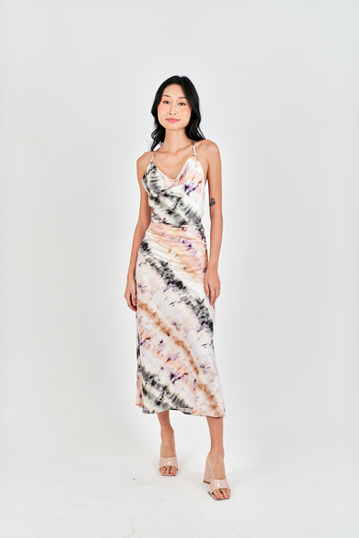 Inha Multi Color Tie Dye Hollow Out Back Halter Strap Sleeveless Midi Dress