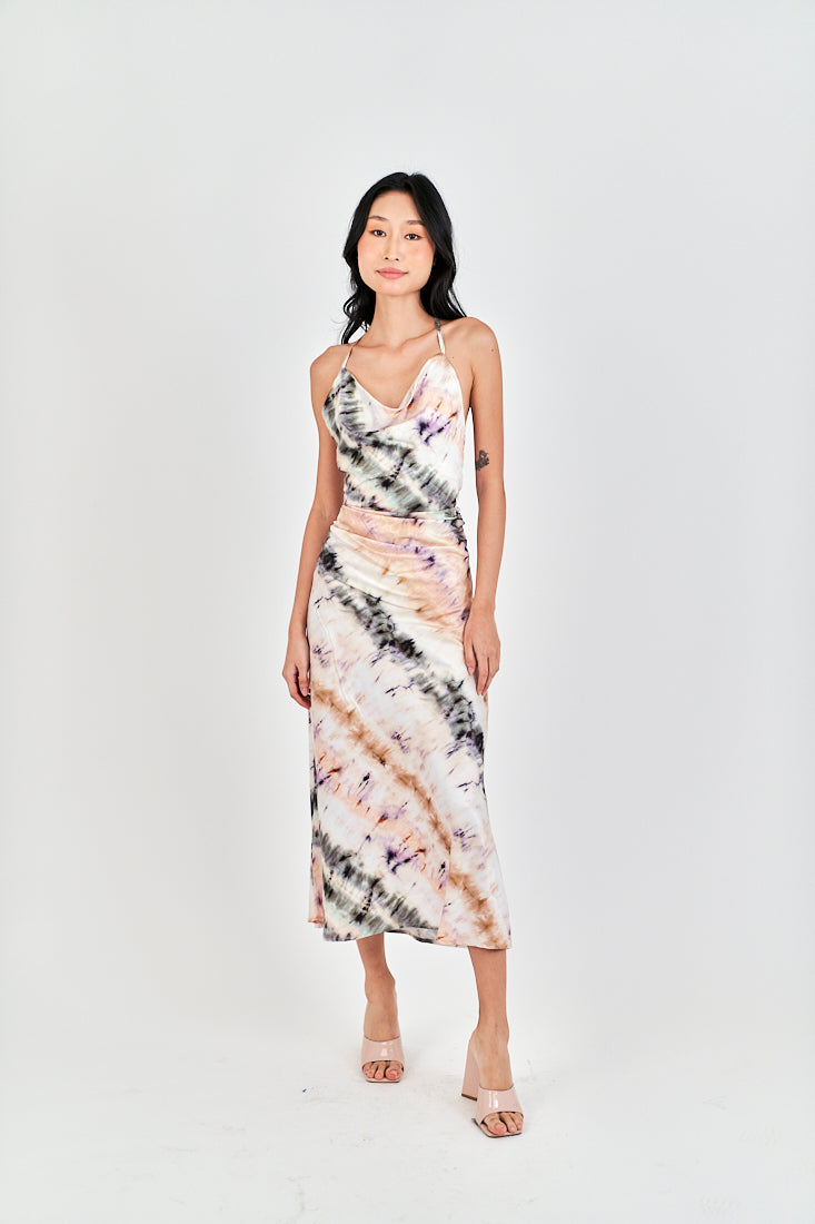 Inha Multi Color Tie Dye Hollow Out Back Halter Strap Sleeveless Midi Dress
