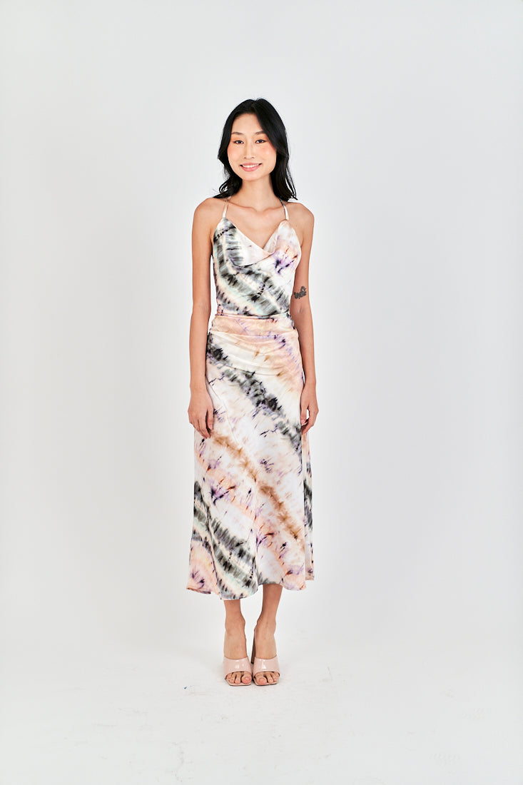 Inha Multi Color Tie Dye Hollow Out Back Halter Strap Sleeveless Midi Dress