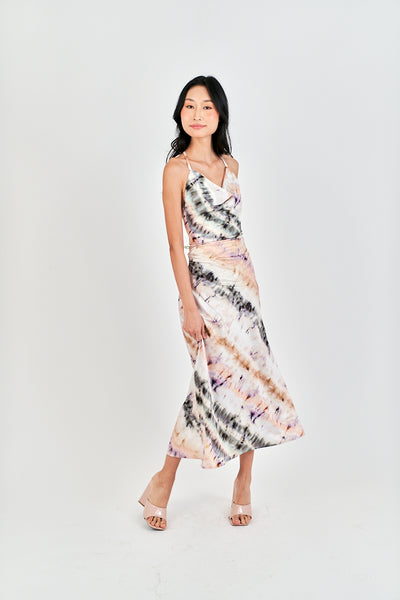 Inha Multi Color Tie Dye Hollow Out Back Halter Strap Sleeveless Midi Dress