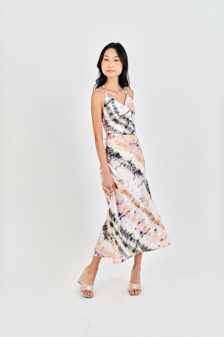 Inha Multi Color Tie Dye Hollow Out Back Halter Strap Sleeveless Midi Dress