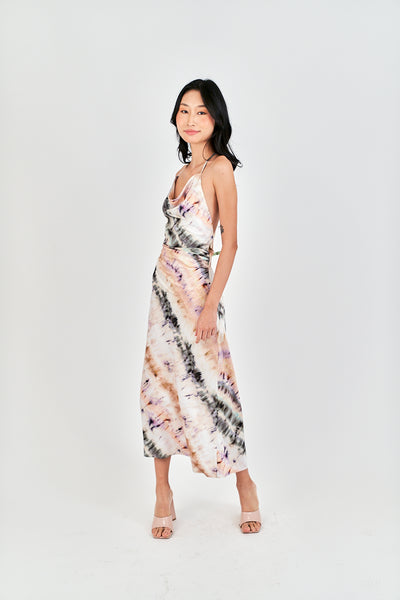 Inha Multi Color Tie Dye Hollow Out Back Halter Strap Sleeveless Midi Dress
