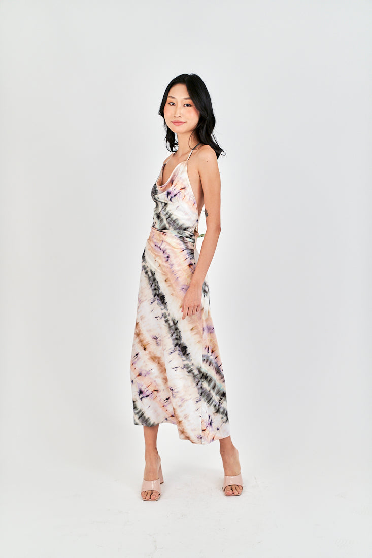 Inha Multi Color Tie Dye Hollow Out Back Halter Strap Sleeveless Midi Dress