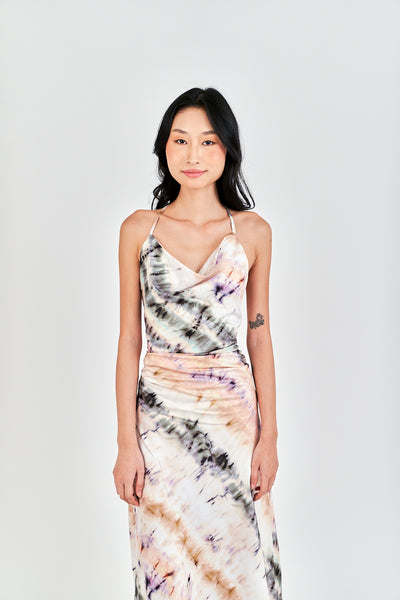 Inha Multi Color Tie Dye Hollow Out Back Halter Strap Sleeveless Midi Dress