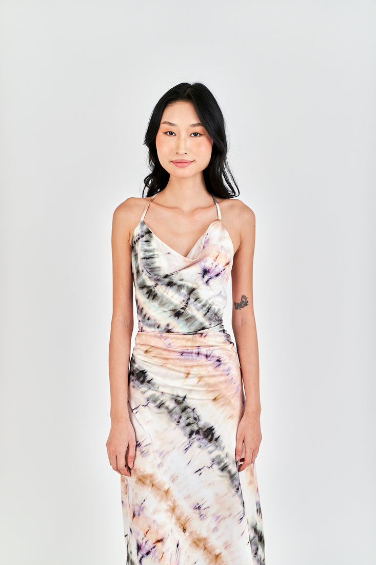 Inha Multi Color Tie Dye Hollow Out Back Halter Strap Sleeveless Midi Dress