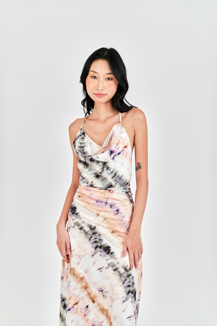 Inha Multi Color Tie Dye Hollow Out Back Halter Strap Sleeveless Midi Dress