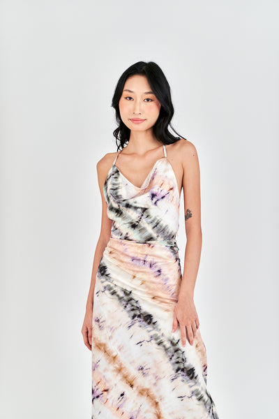 Inha Multi Color Tie Dye Hollow Out Back Halter Strap Sleeveless Midi Dress