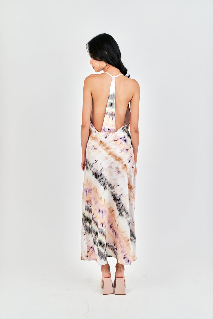 Inha Multi Color Tie Dye Hollow Out Back Halter Strap Sleeveless Midi Dress