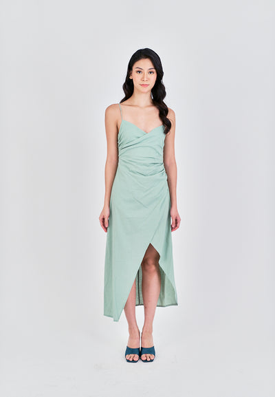 Alynna Sage Overlap V Neckline Pleated Asymmetrical Side Slit Sleeveless Midi Dress