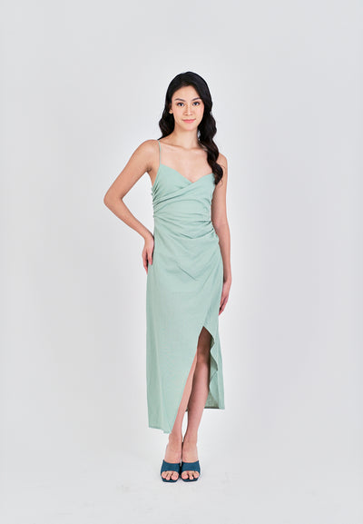 Alynna Sage Overlap V Neckline Pleated Asymmetrical Side Slit Sleeveless Midi Dress