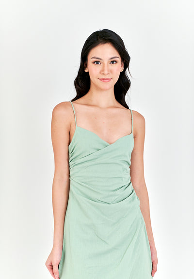 Alynna Sage Overlap V Neckline Pleated Asymmetrical Side Slit Sleeveless Midi Dress