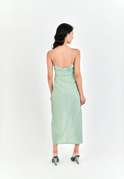 Alynna Sage Overlap V Neckline Pleated Asymmetrical Side Slit Sleeveless Midi Dress