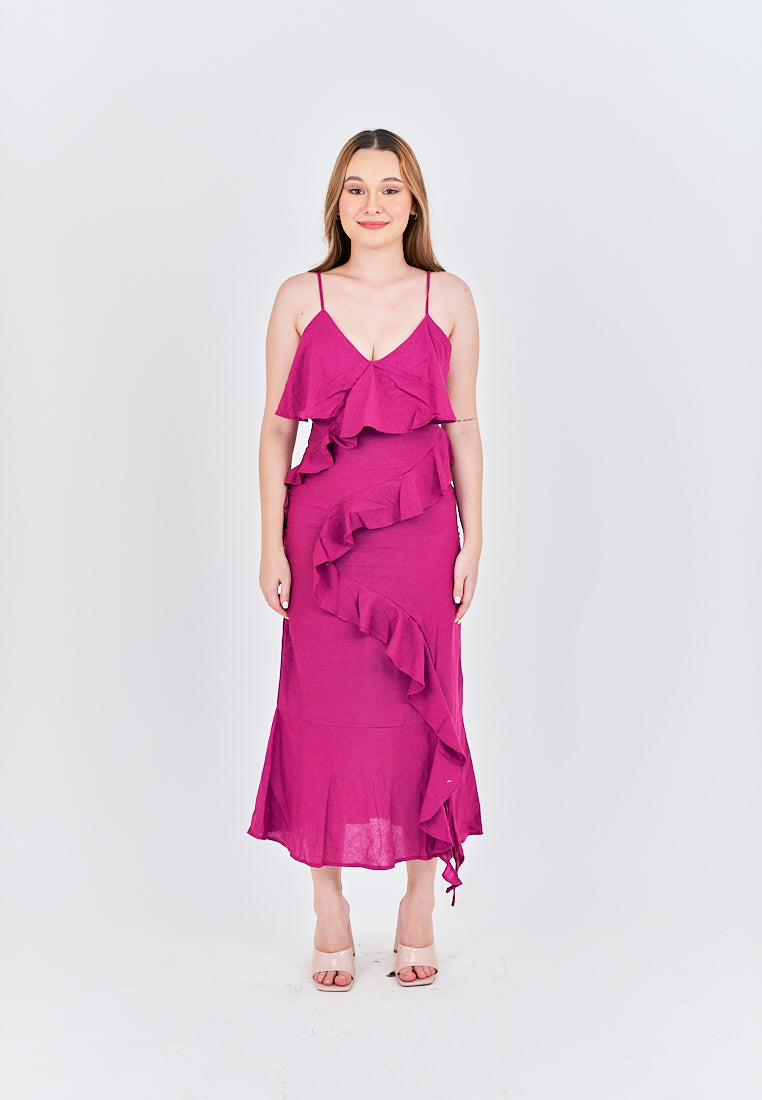 Zobelle  Magenta V Neck Ruffle Side Zipper Sleeveless Midi Dress