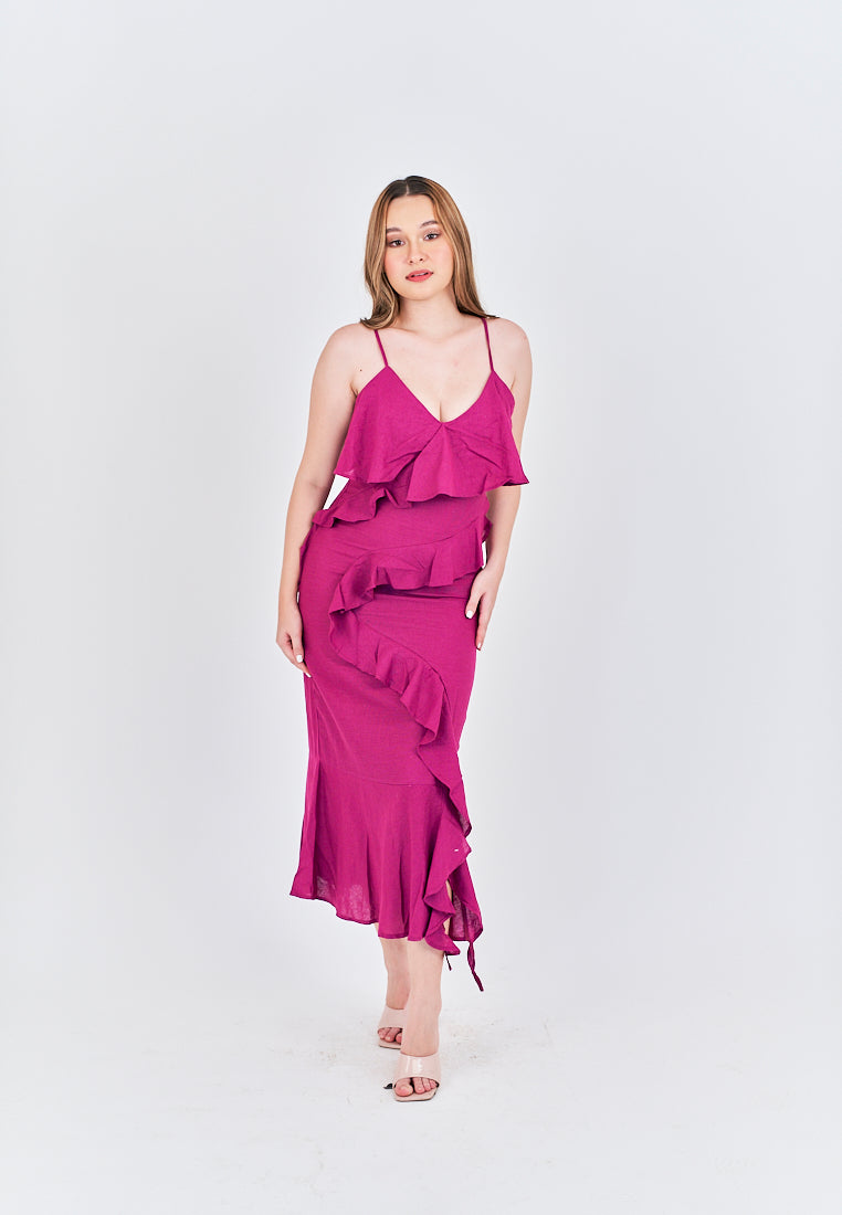 Zobelle  Magenta V Neck Ruffle Side Zipper Sleeveless Midi Dress