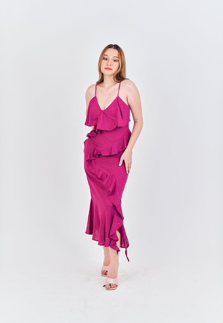 Zobelle  Magenta V Neck Ruffle Side Zipper Sleeveless Midi Dress