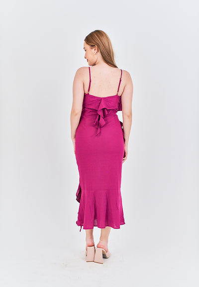 Zobelle  Magenta V Neck Ruffle Side Zipper Sleeveless Midi Dress