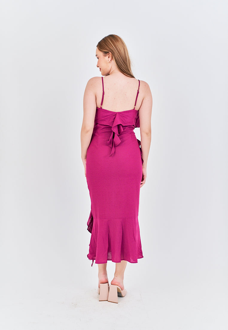 Zobelle  Magenta V Neck Ruffle Side Zipper Sleeveless Midi Dress