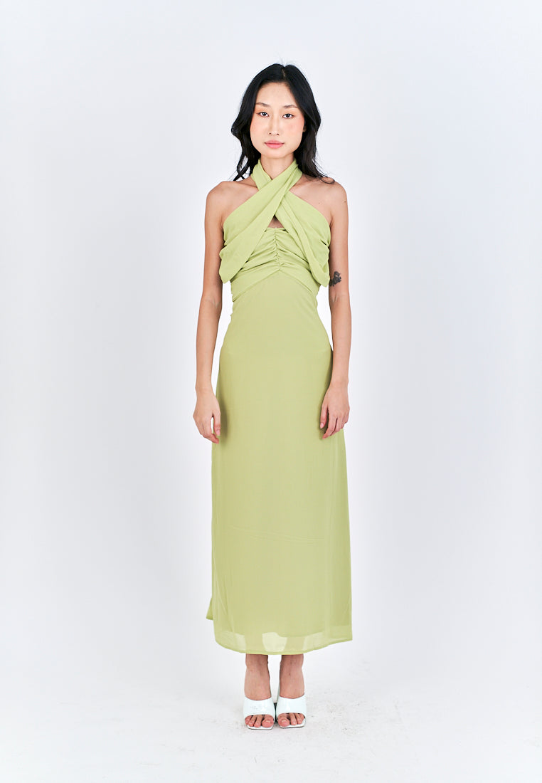 Schuyler Green Halter Strap Open Back Side Slit Sleeveless Midi Dress