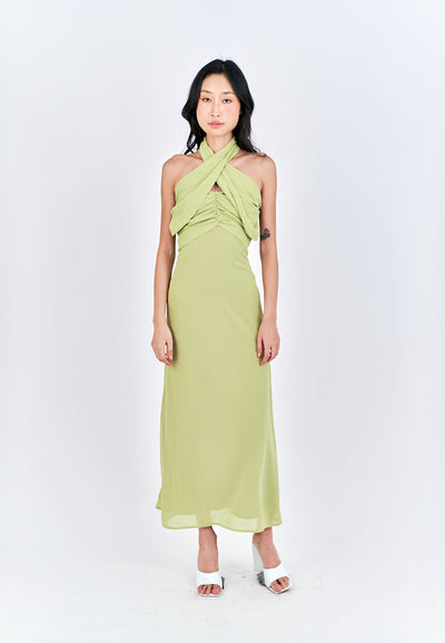 Schuyler Green Halter Strap Open Back Side Slit Sleeveless Midi Dress