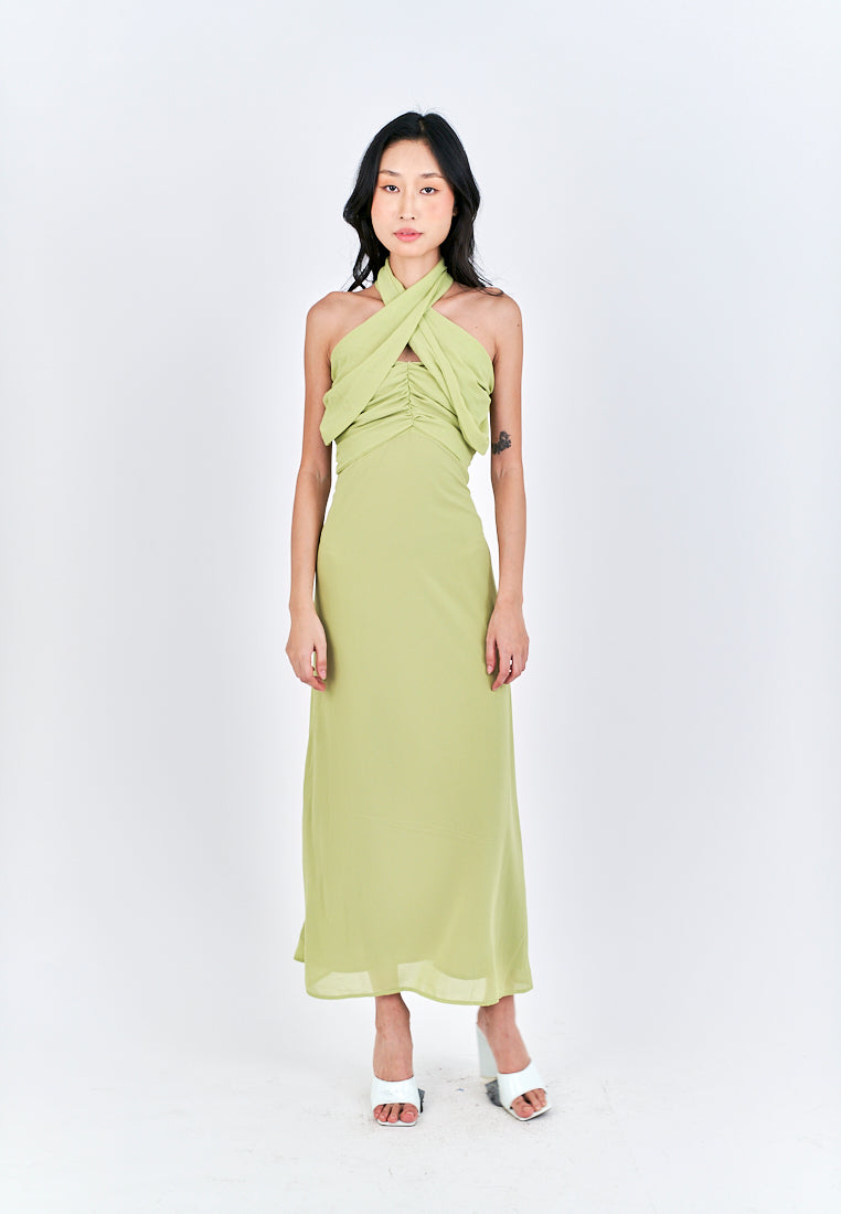 Schuyler Green Halter Strap Open Back Side Slit Sleeveless Midi Dress