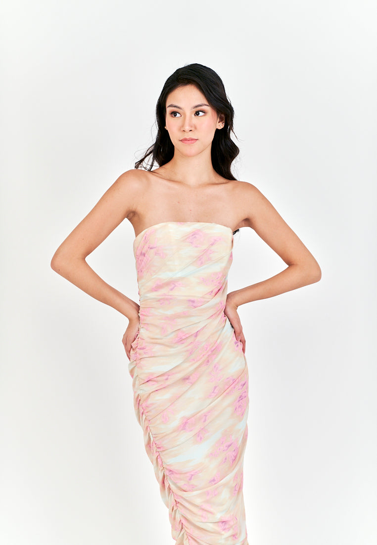 Hezekiah Pink Tie Dye Ruch Side Zipper Bodycon Tube Mini Dress
