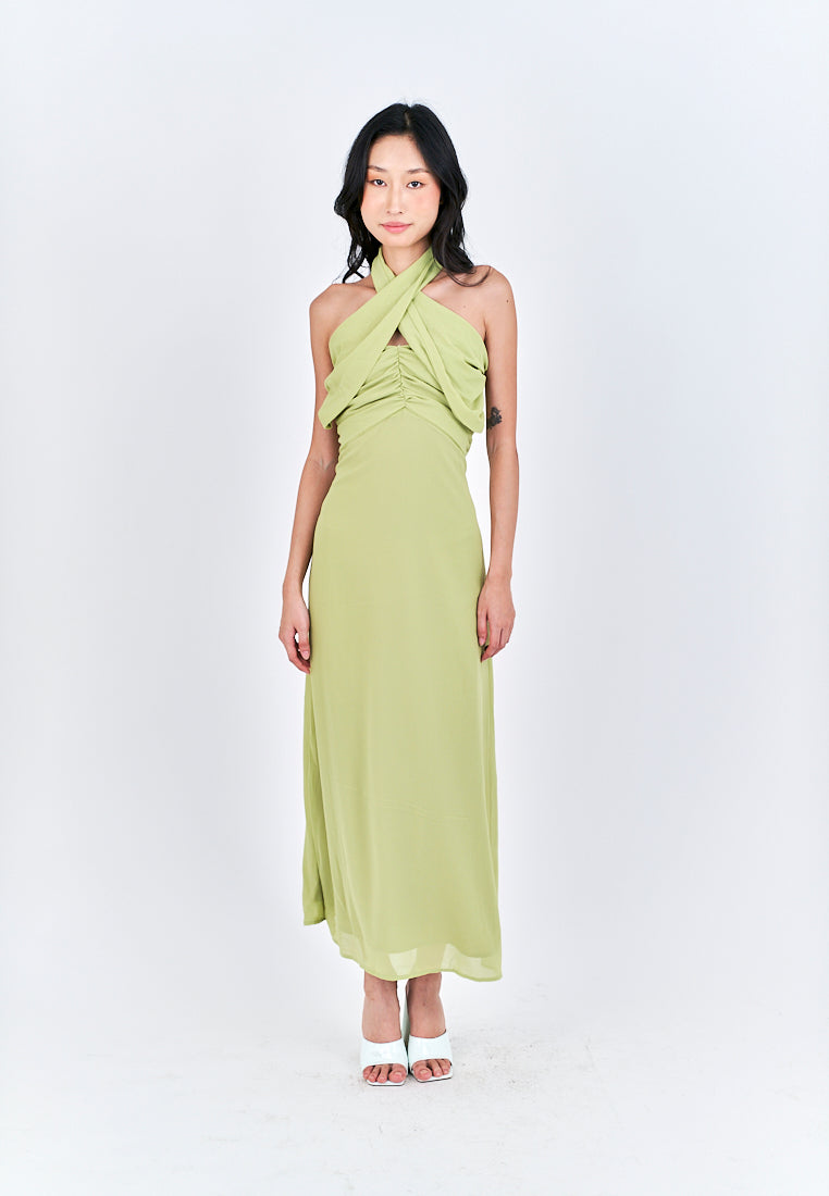 Schuyler Green Halter Strap Open Back Side Slit Sleeveless Midi Dress