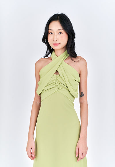 Schuyler Green Halter Strap Open Back Side Slit Sleeveless Midi Dress