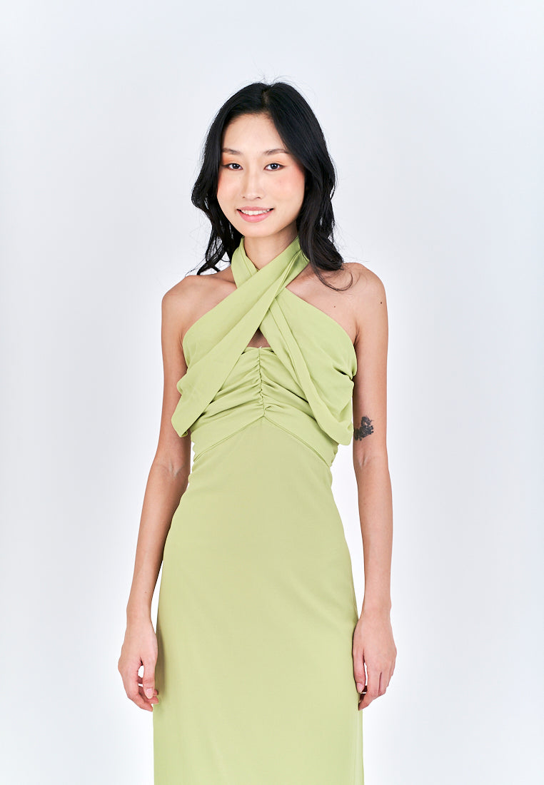 Schuyler Green Halter Strap Open Back Side Slit Sleeveless Midi Dress