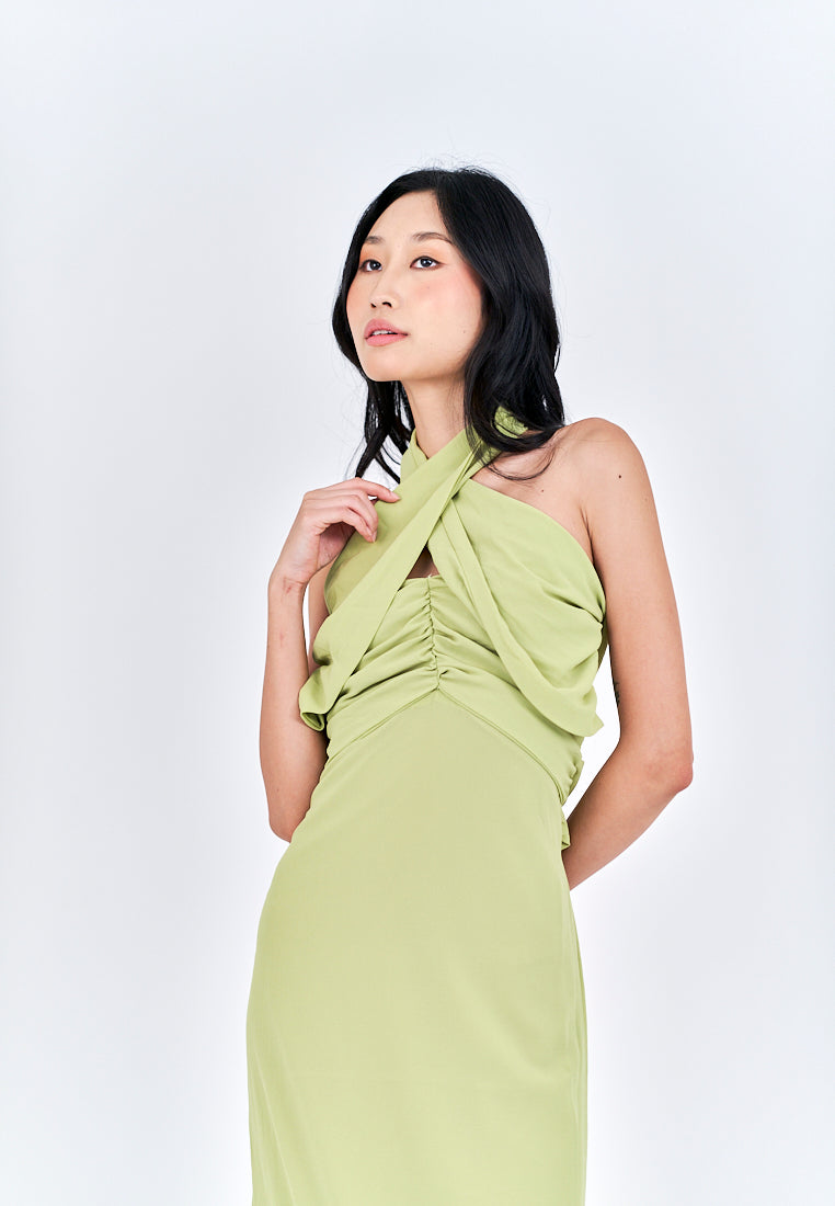 Schuyler Green Halter Strap Open Back Side Slit Sleeveless Midi Dress