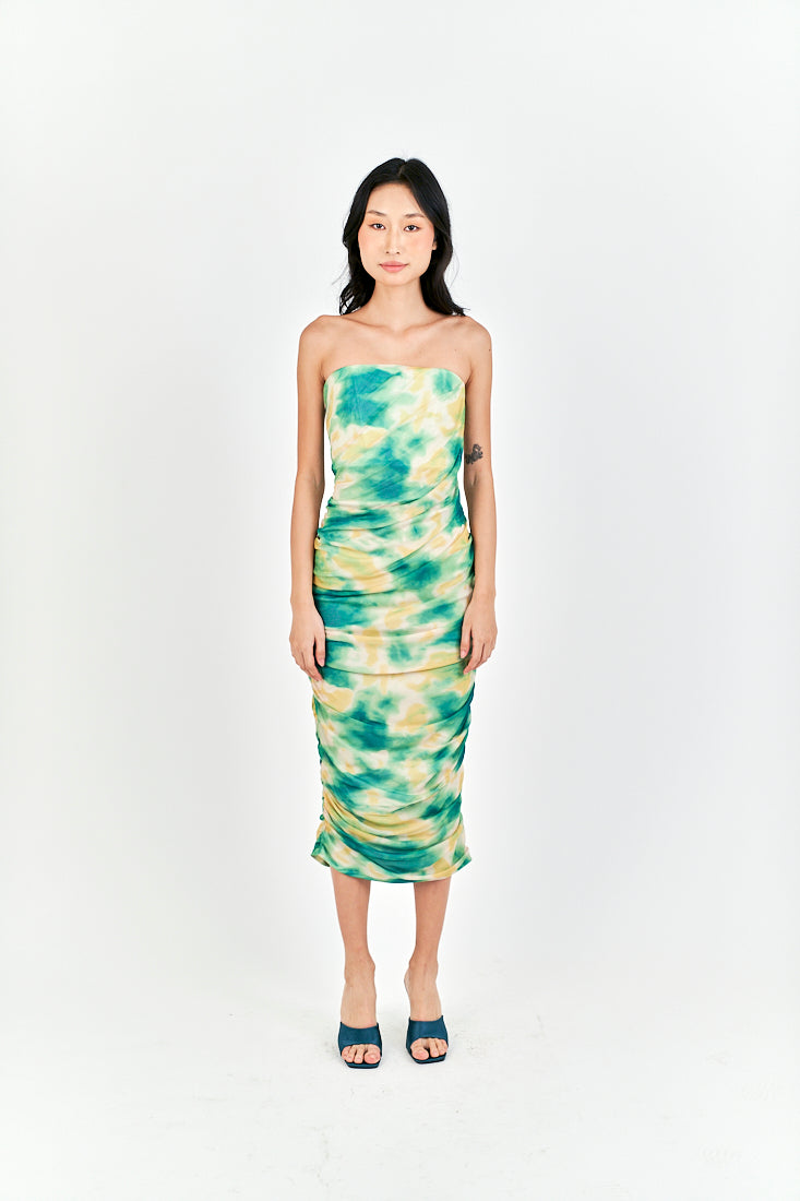 Hezekiah Green Tie Dye Ruch Side Zipper Bodycon Tube Mini Dress