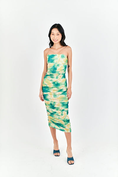 Hezekiah Green Tie Dye Ruch Side Zipper Bodycon Tube Mini Dress