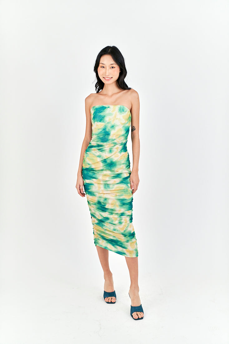 Hezekiah Green Tie Dye Ruch Side Zipper Bodycon Tube Mini Dress