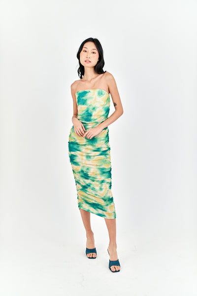 Hezekiah Green Tie Dye Ruch Side Zipper Bodycon Tube Mini Dress