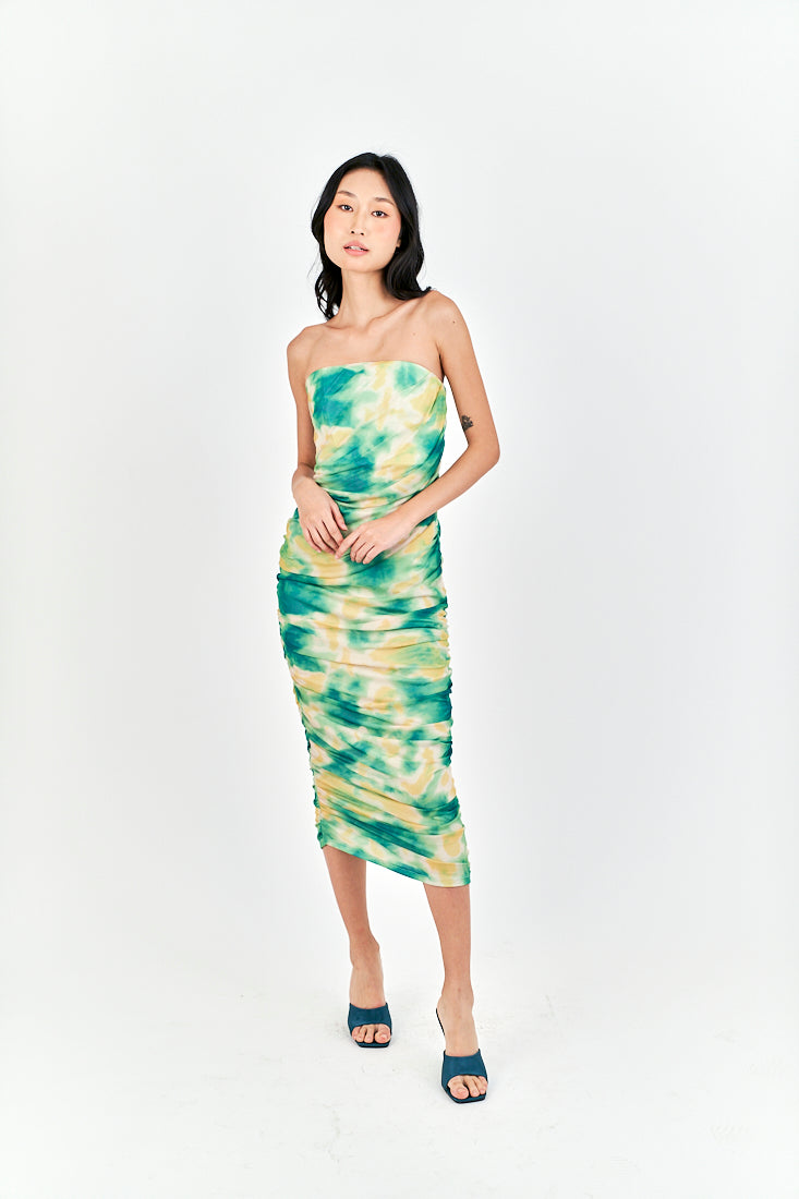 Hezekiah Green Tie Dye Ruch Side Zipper Bodycon Tube Mini Dress