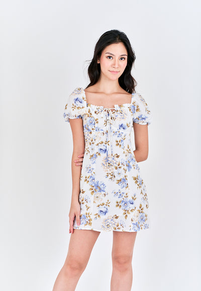 Maely White with Blue Floral Bow Bust Back Zipper Short Sleeves Mini Dress