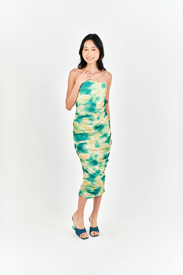 Hezekiah Green Tie Dye Ruch Side Zipper Bodycon Tube Mini Dress