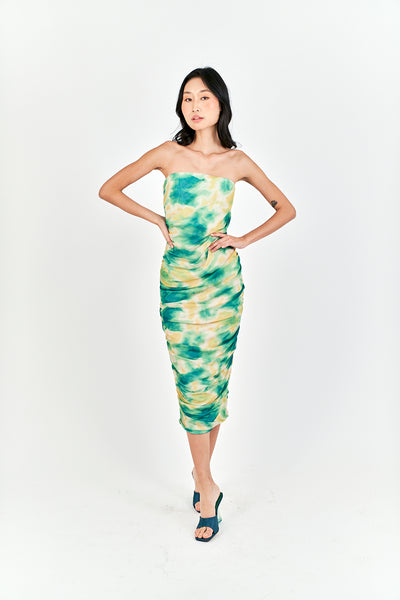 Hezekiah Green Tie Dye Ruch Side Zipper Bodycon Tube Mini Dress