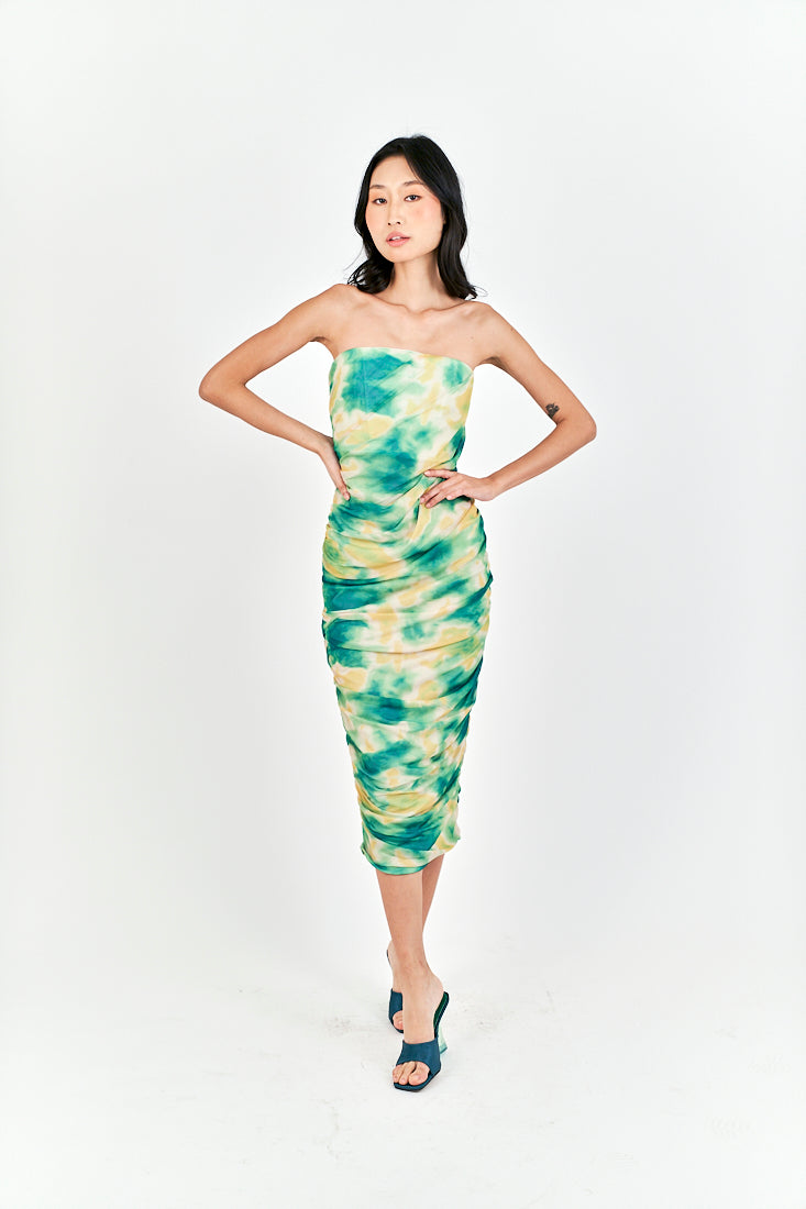 Hezekiah Green Tie Dye Ruch Side Zipper Bodycon Tube Mini Dress