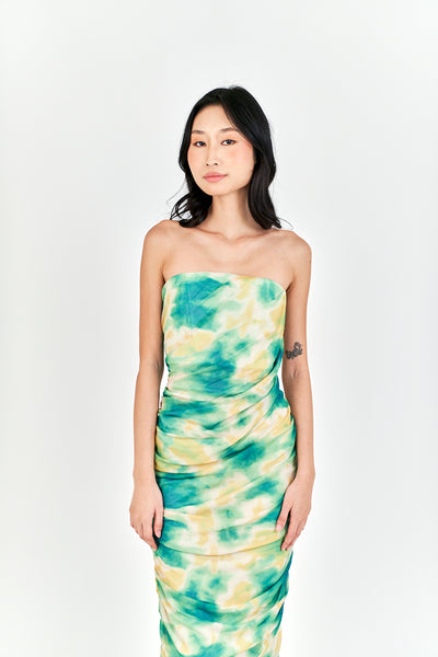 Hezekiah Green Tie Dye Ruch Side Zipper Bodycon Tube Mini Dress